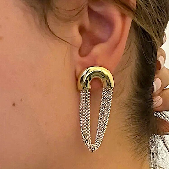 Gold Silver Chain Link Dangle Earrings Punk Retro Minimalist - Picture 4 of 10